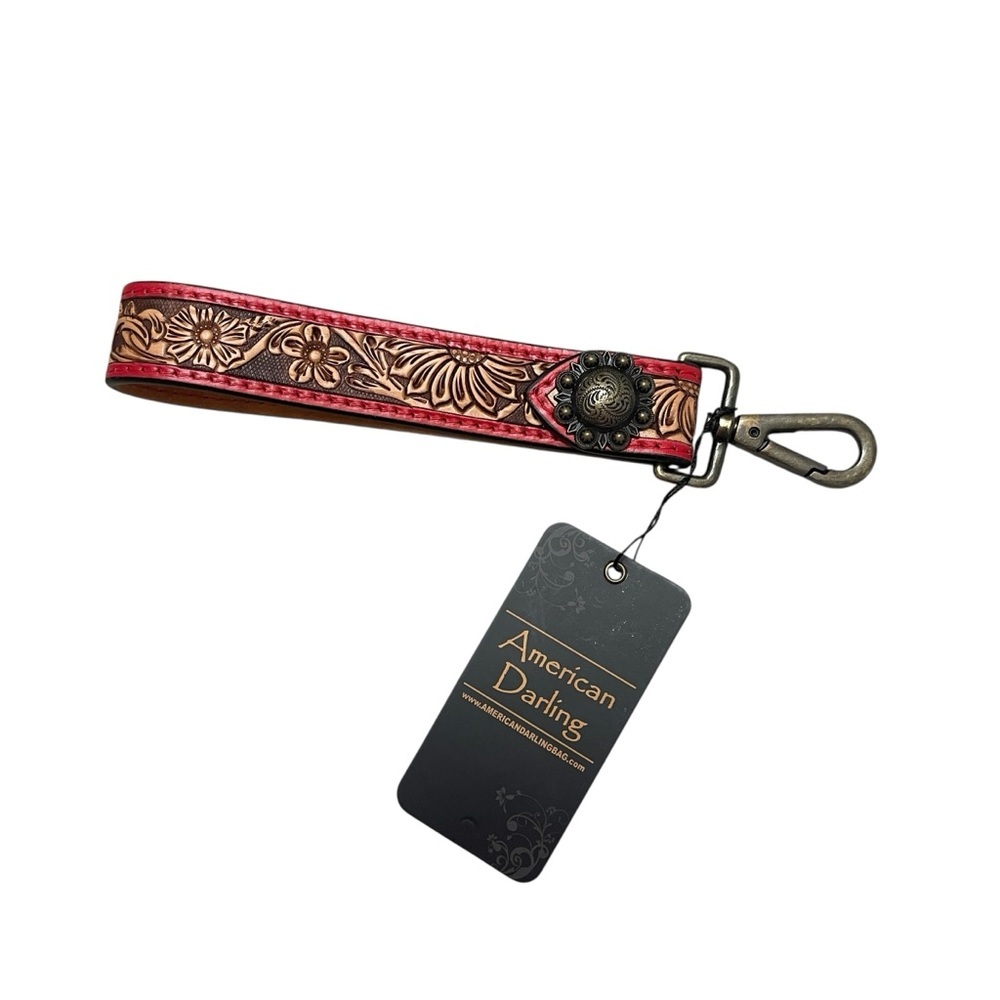 American Darling ADWSF103 Tooled Genuine Leather Keychain Wristlet Red Brown New